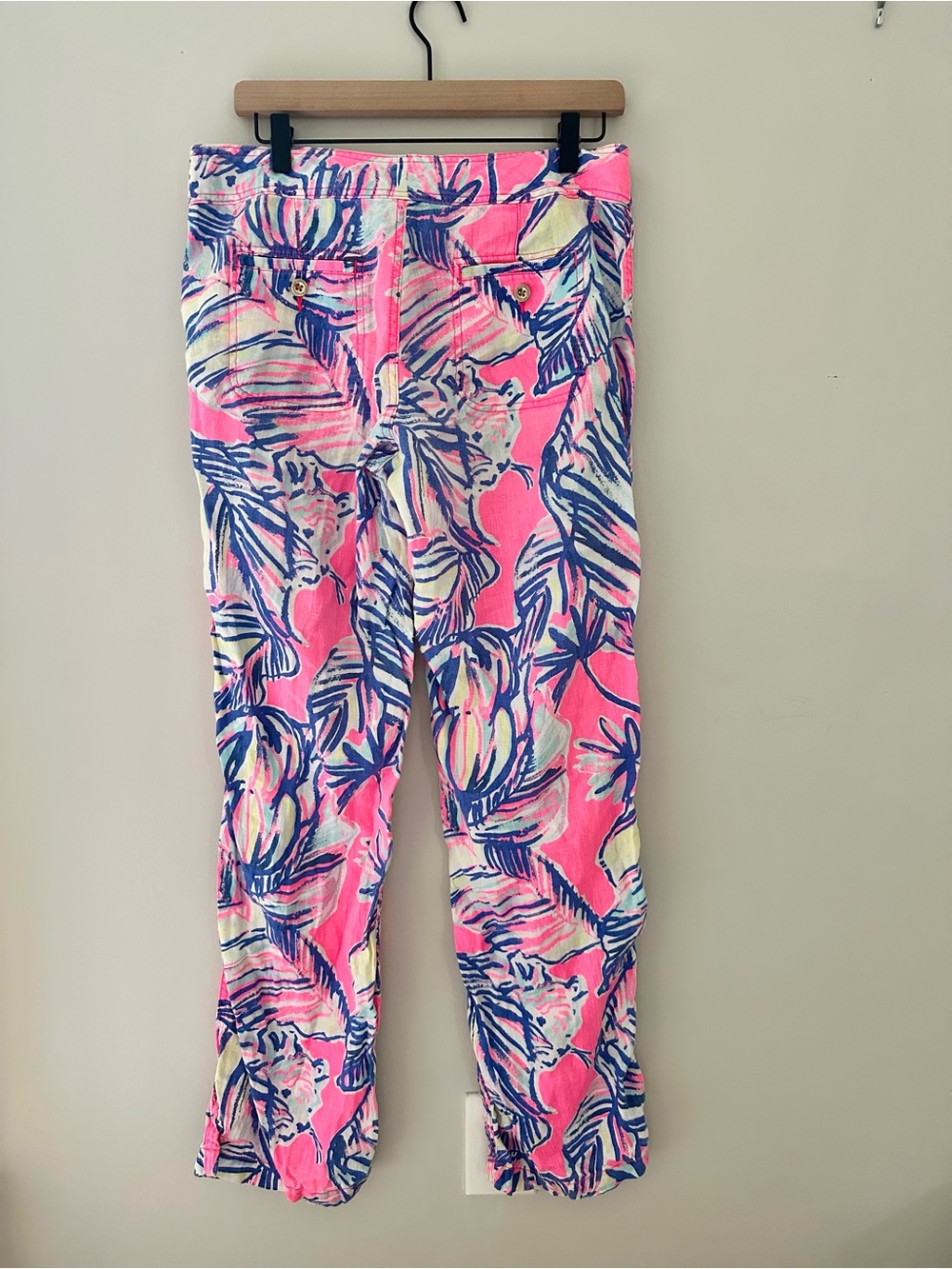 Lilly Pulitzer Pink Tropical Leaf 100% Linen Trouser Pants with Drawstring - Picture 3 of 12